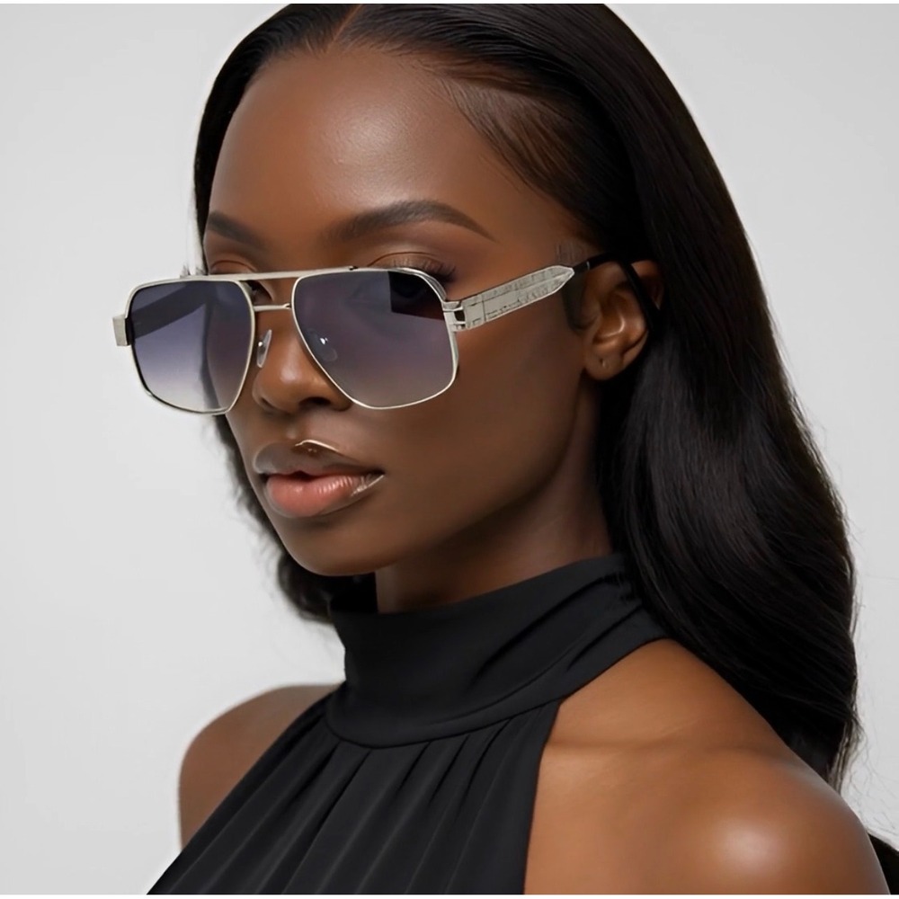 Silver Frame Sunglasses Gradient Smoke Lens‎ Embossed Metal Frame UV400 Lentes